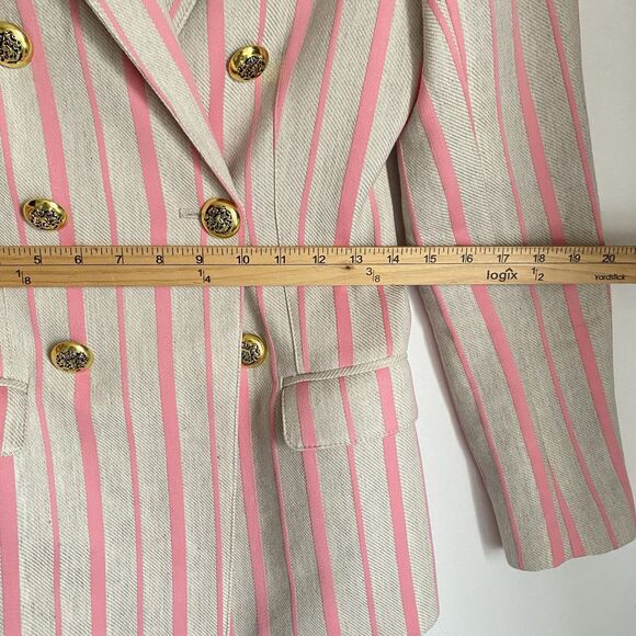 Smythe Linen Blend Blazer Sz 8 Striped Pink Double Breasted Gold Button Dressy - Picture 9 of 12